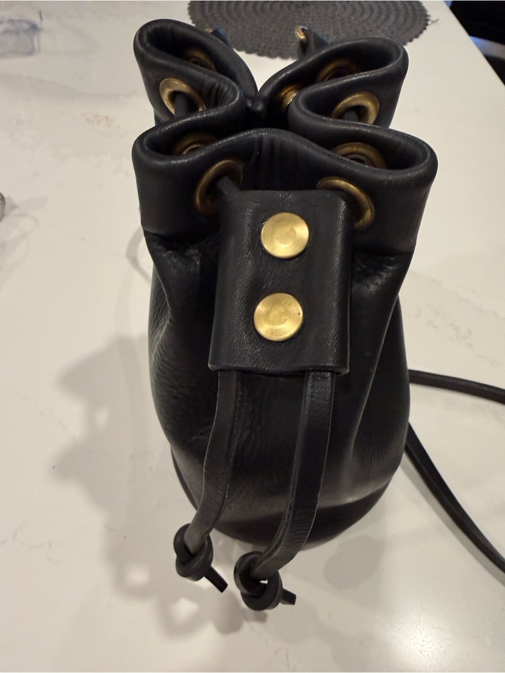 Black Leather Drawstring Bucket Bag - Picture 2 of 10